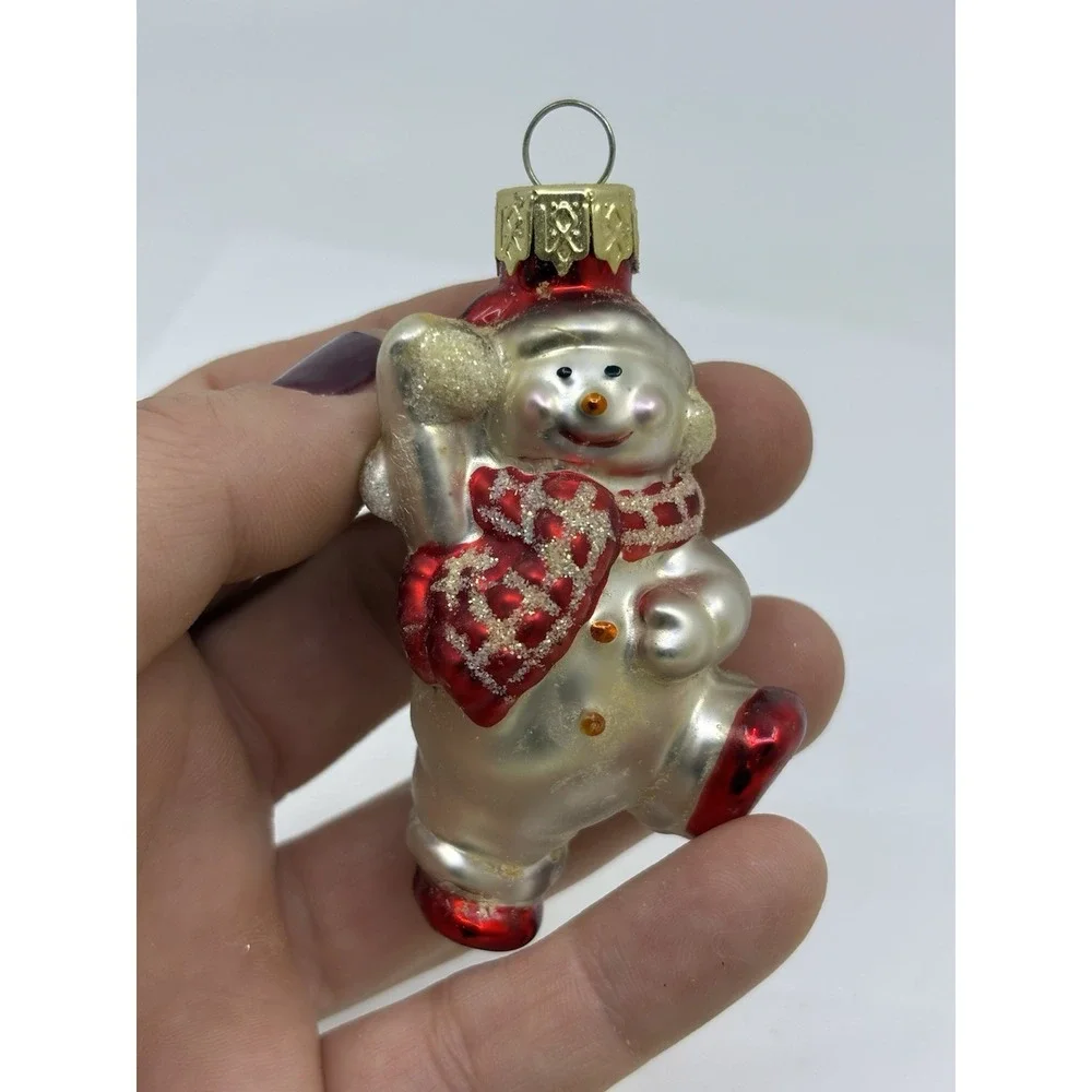 Vtg Blown Glass Christmas Ornament Festive Snowman 3" Red / White - Picture 1 of 5